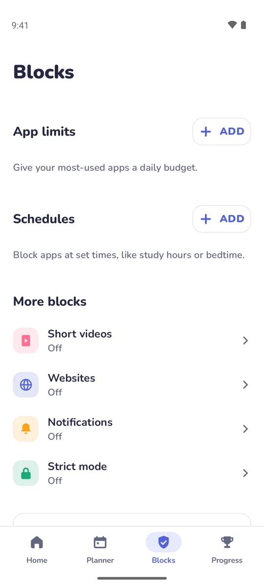 The Blocks tab with app limits, schedules, and more blocks