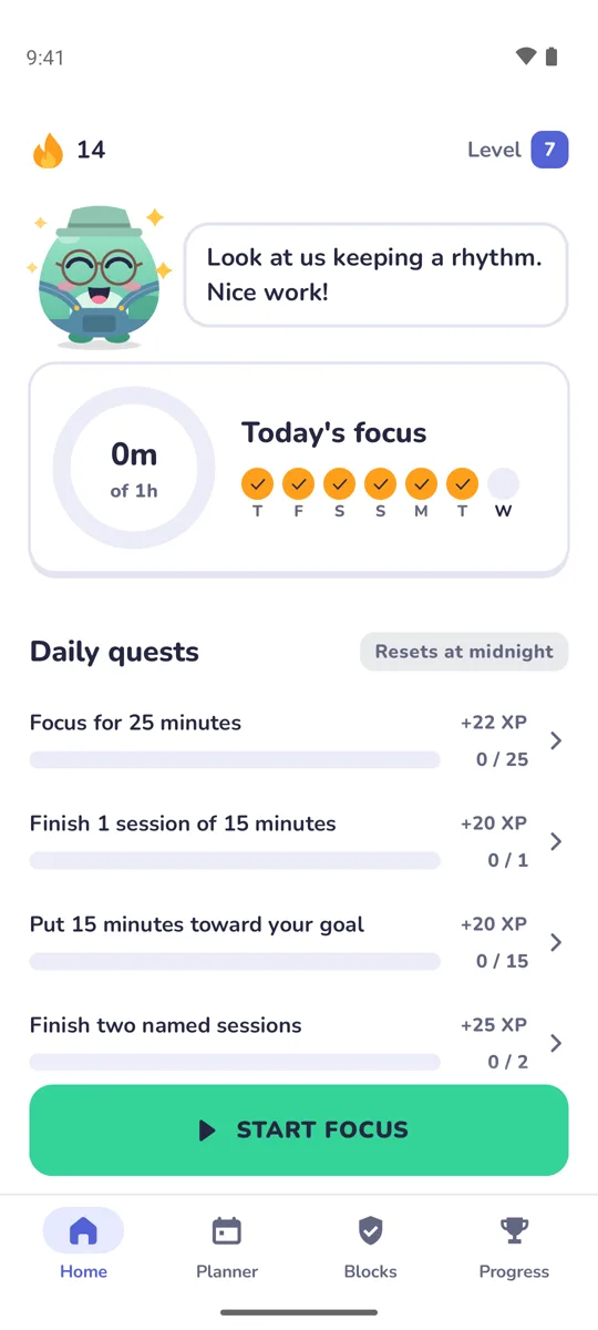 Ronumi's home screen with a 14 day streak, today's focus goal, and daily quests