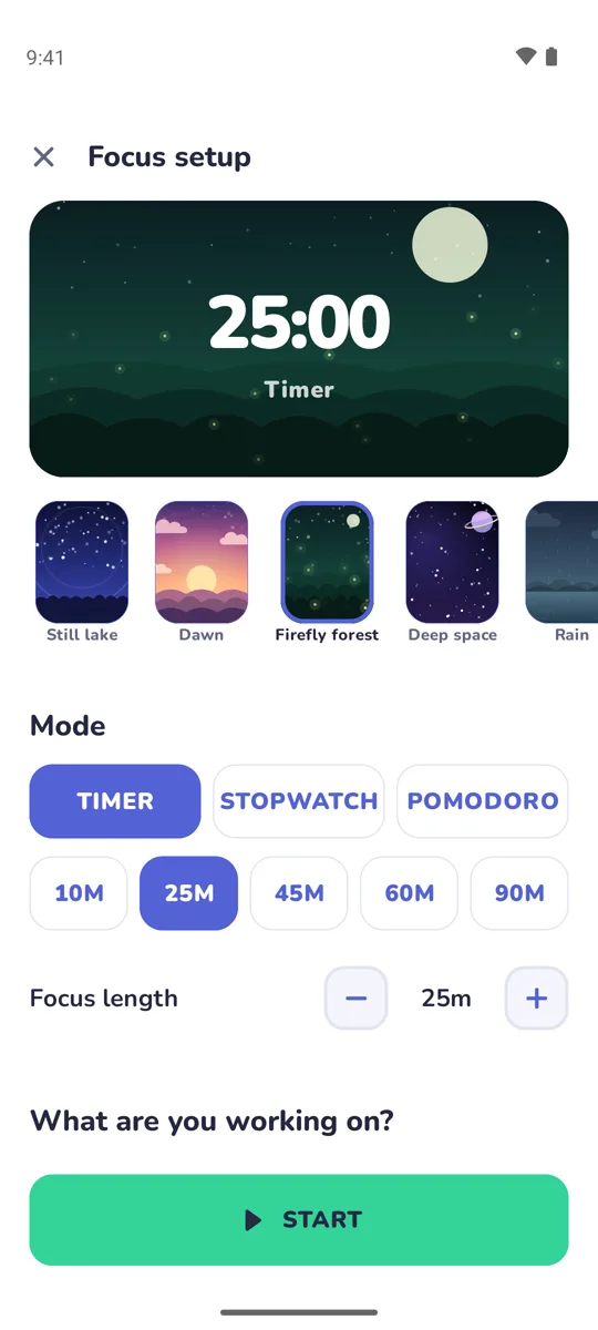Focus setup with scenes, timer modes, and focus length